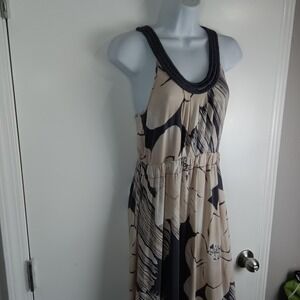 Deletta Dress Womens Small Beige Black Floral Racerback Braided Neck Sundress